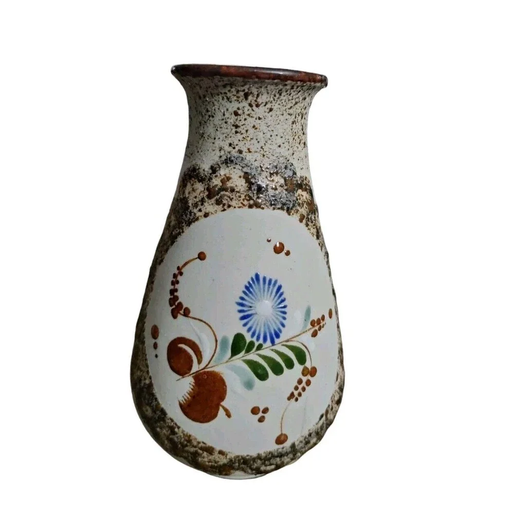 Vintage Tonala Mexican Pottery Vase Birds flowers marked Mexico